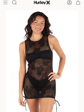 Hurley Black Floral Mesh Cover-Up Chemise. Daisy mesh mini dress.